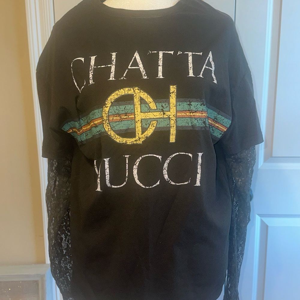 Buckle Black Graphic Tee with Lace Sleeves